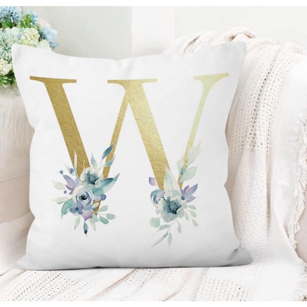 Pillow Covers 18x18” 1 pc W Alphabet Linen White/Gold W Blue Floral Boho Cottage